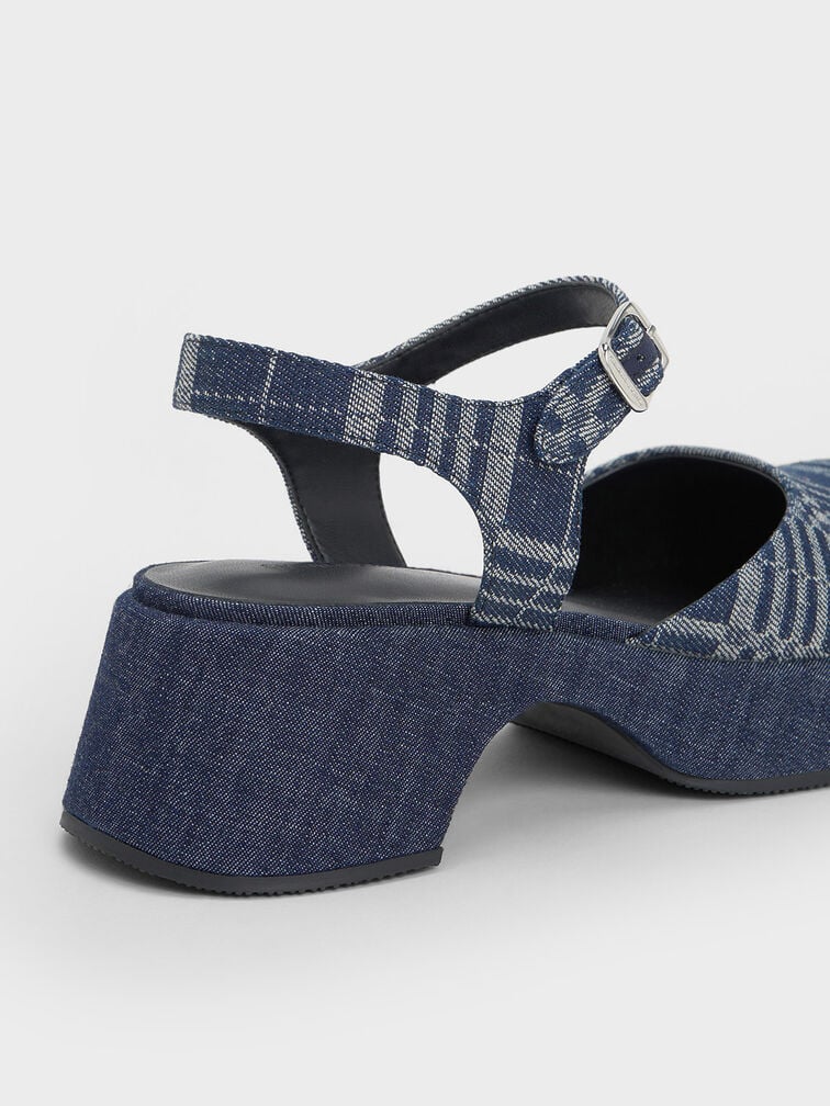 Zapatos Nerina de plataforma con estampado a cuadros correa al tobillo, Azul oscuro, hi-res