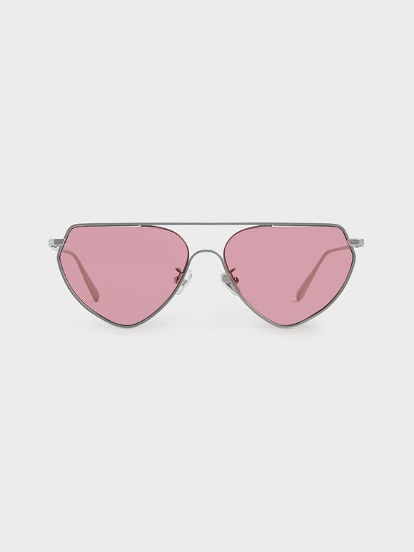 Thin Metal Frame Geometric Sunglasses, Pink, hi-res