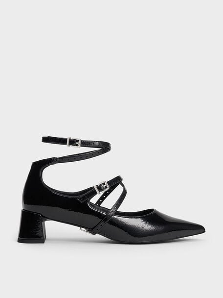 Zapatos de tacón efecto arrugado con correa de hebilla, Charol negro, hi-res