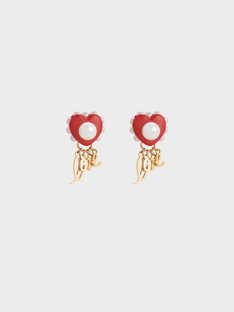 "Love" Heart Drop Earrings, Red, hi-res