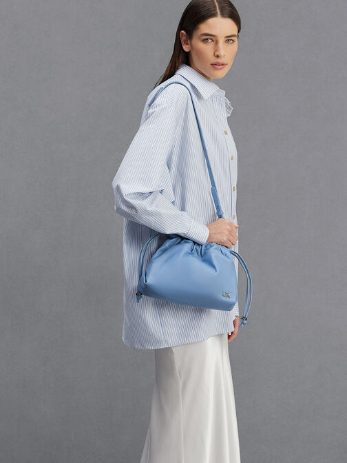 Leather Ruched Drawstring Bag, Light Blue, hi-res