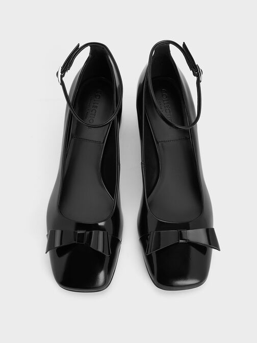 Zapatos de tacón de cuero con correa al tobillo y lazo, Negro pulido, hi-res