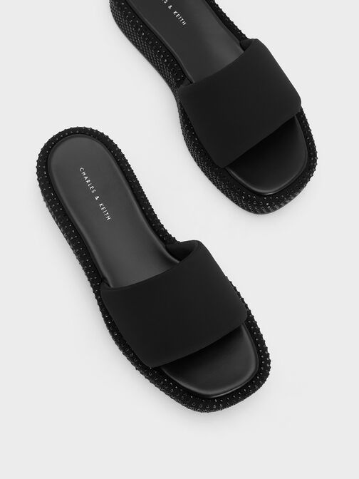 Sandalias de nylon con plataforma plana y adornos de cristal, Negro, hi-res