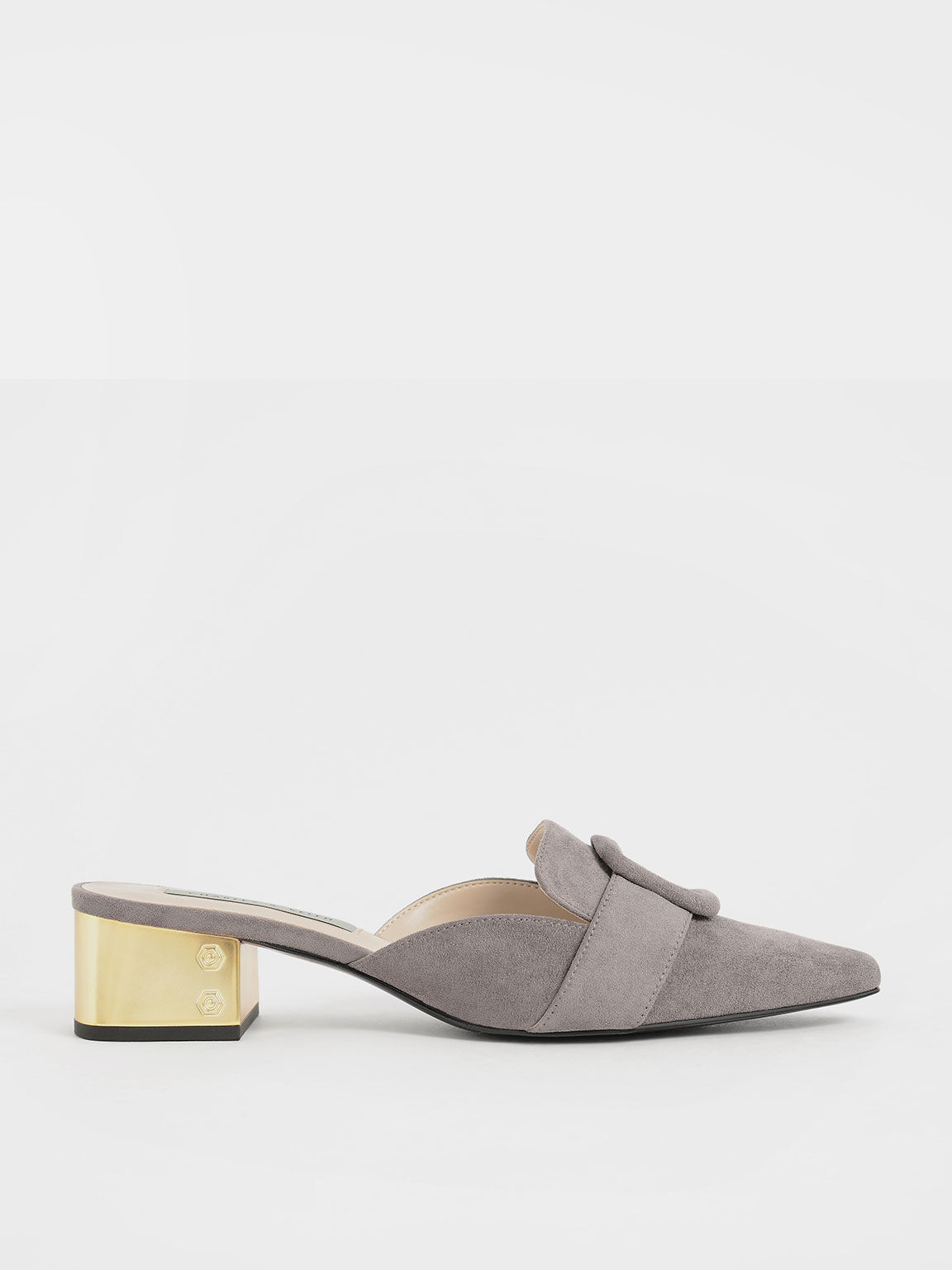 Textured Buckled Mules, Grey, hi-res