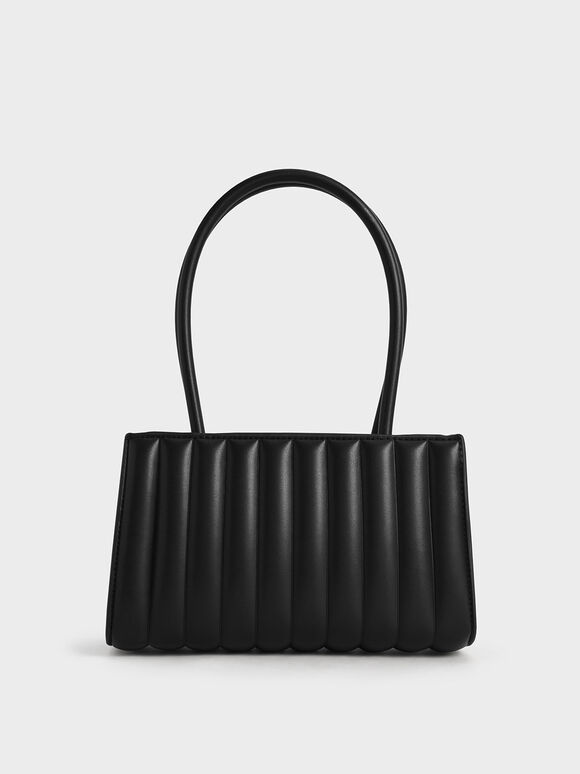 Pleated Double Handle Tote Bag, Black, hi-res