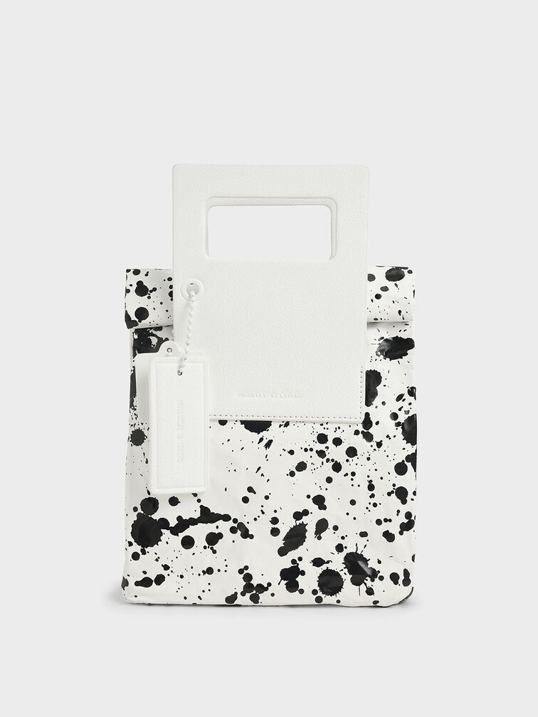 Printed Crumpled-Effect Tote Bag, White, hi-res