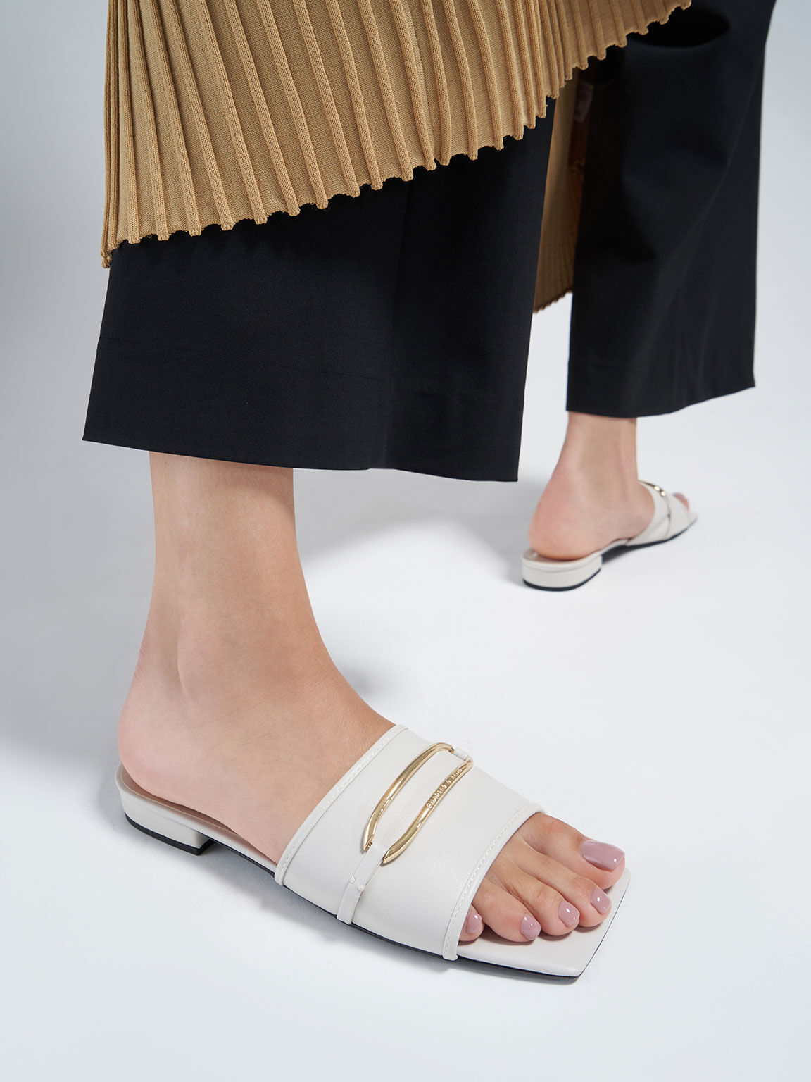 Metallic Accent Square-Toe Slide Sandals, White, hi-res