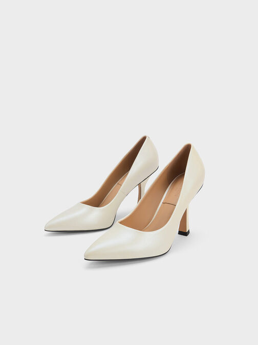 Leather Flare Heel Pumps, White, hi-res
