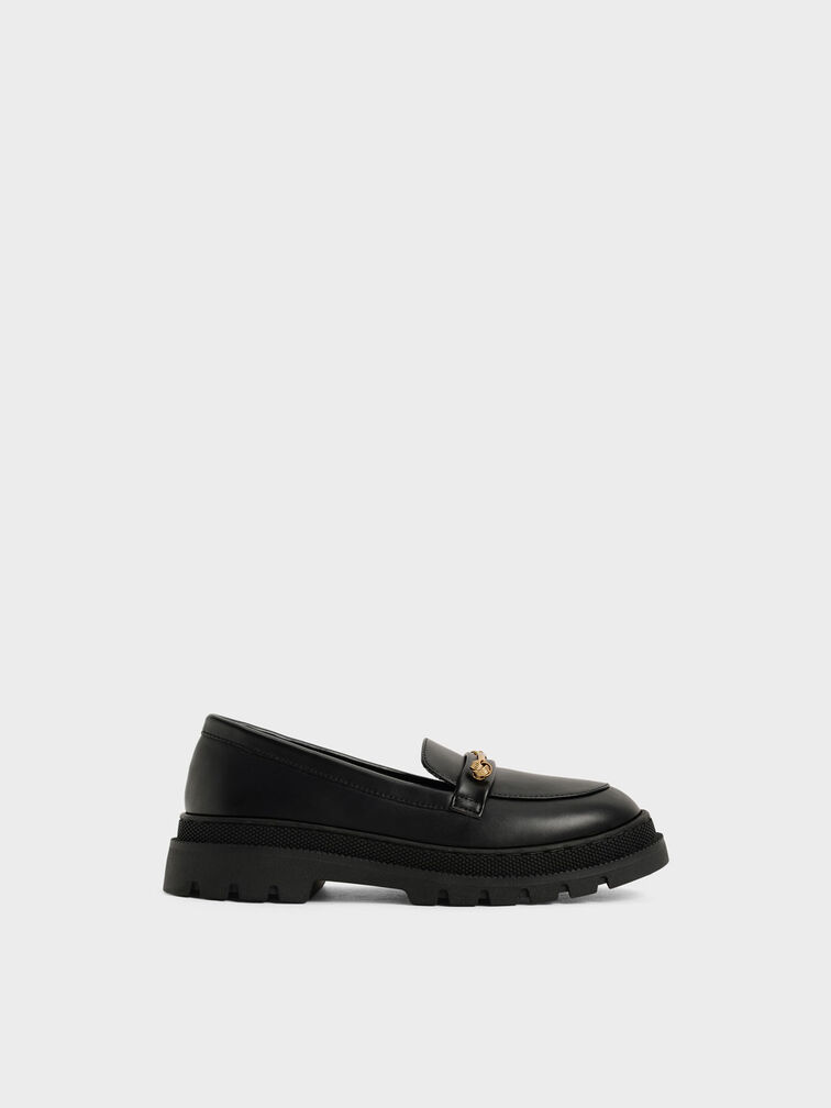 Girls' Metallic Accent Penny Loafers, Negro, hi-res