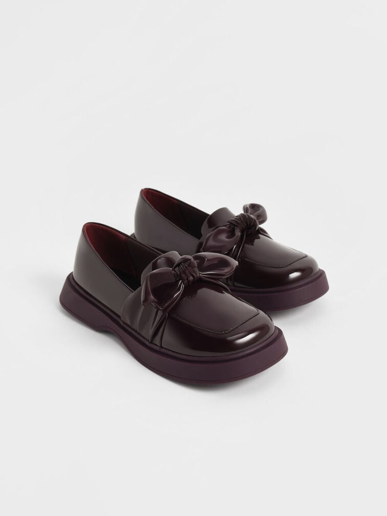 Girls' Patent Bow Loafers, Maroon, hi-res