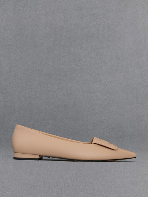 Leather Pointed-Toe Flats, Nude, hi-res