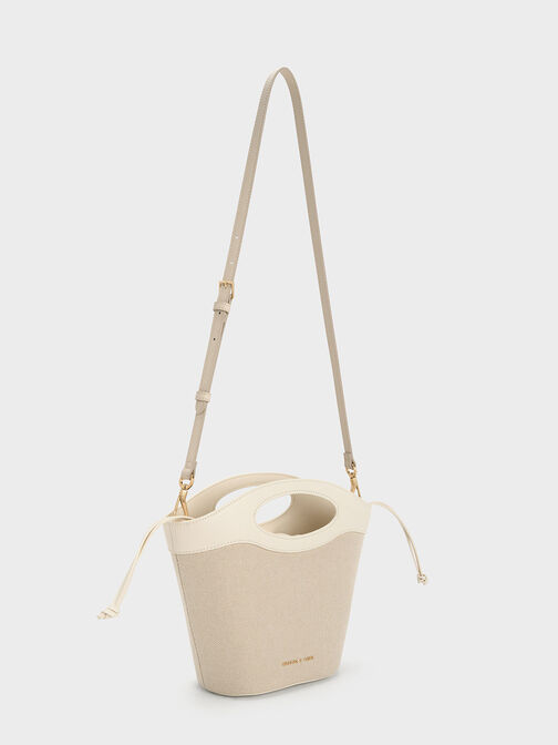Canvas Chain-Link Curved-Handle Bucket Bag, Cream, hi-res