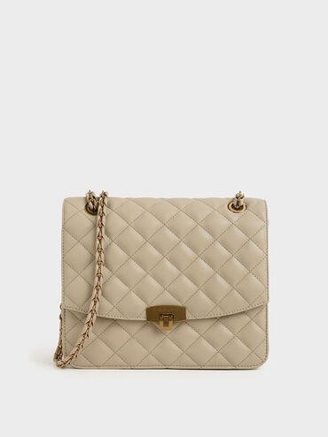 Quilted Push-Lock Clutch, Taupe, hi-res