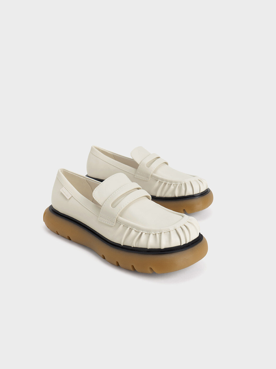 Ruched Ridged-Sole Penny Loafers, White, hi-res