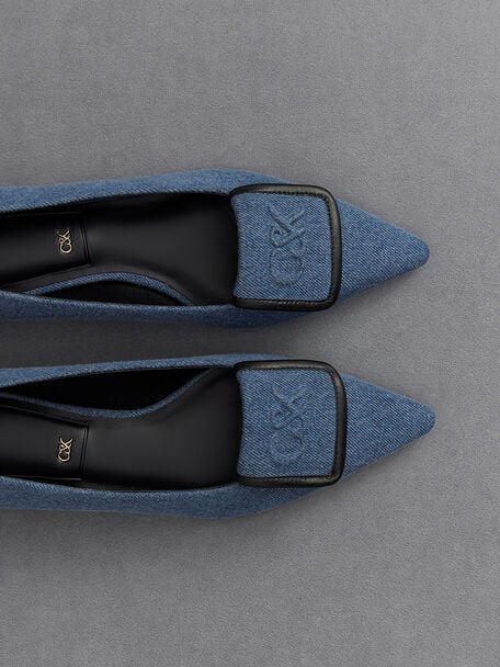 Zapatos planos de punta estrecha en cuero y mezclilla, Azul, hi-res