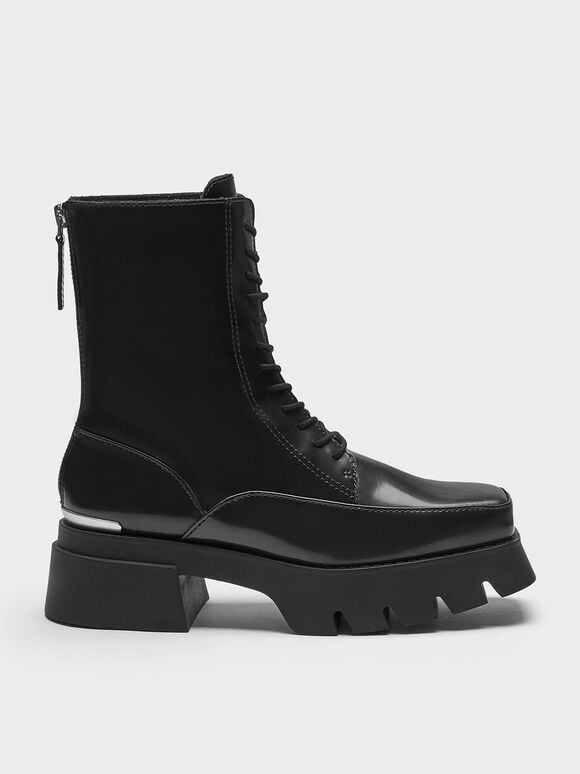Lace-Up Platform Calf Boots, Black, hi-res