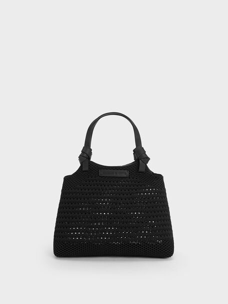 Ida Knotted Handle Knitted Tote Bag, Black, hi-res