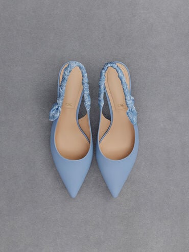 Zapatos de tacón destalonados de cuero con correa efecto arrugado, Azul claro, hi-res