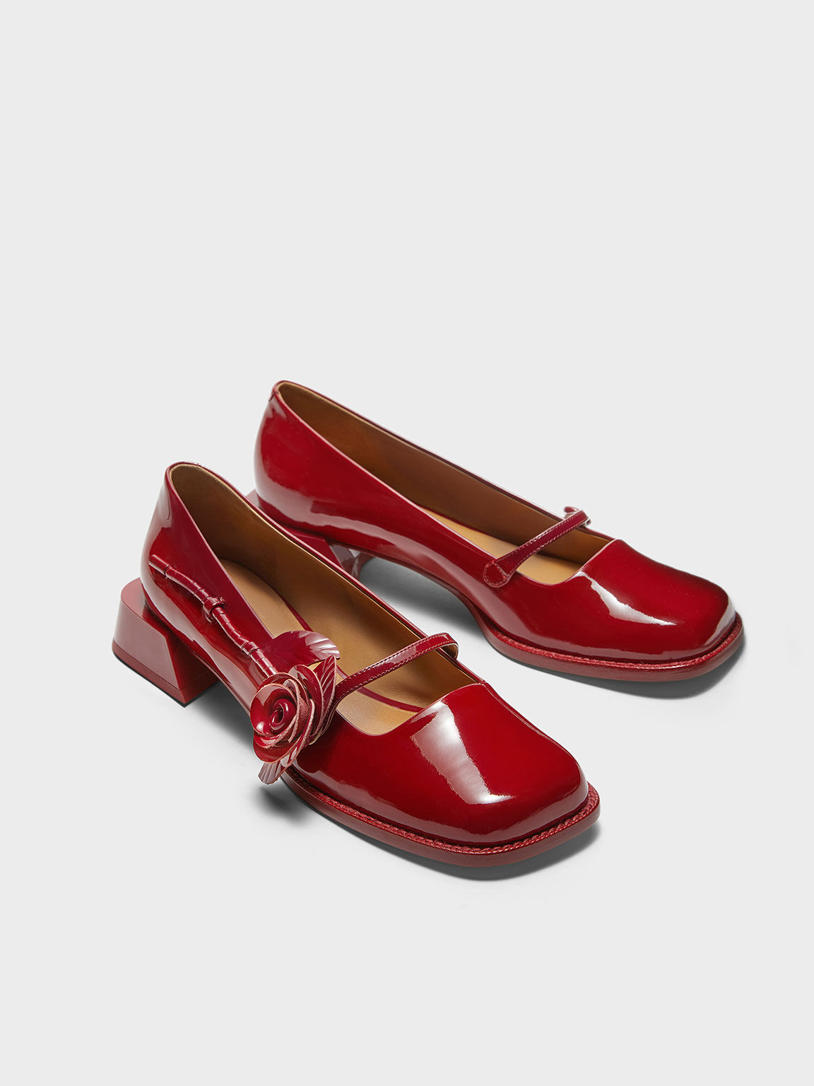 Chloris Patent Leather Rose-Embellished Mary Jane Pumps, Red, hi-res