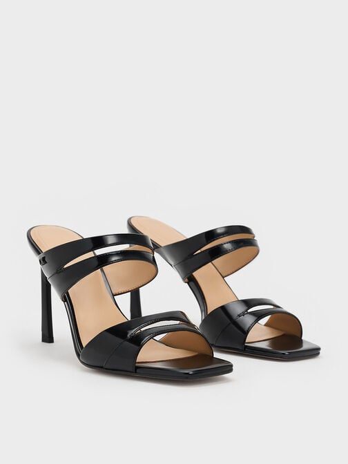 Leather Double-Strap Heeled Mules, Black Box, hi-res