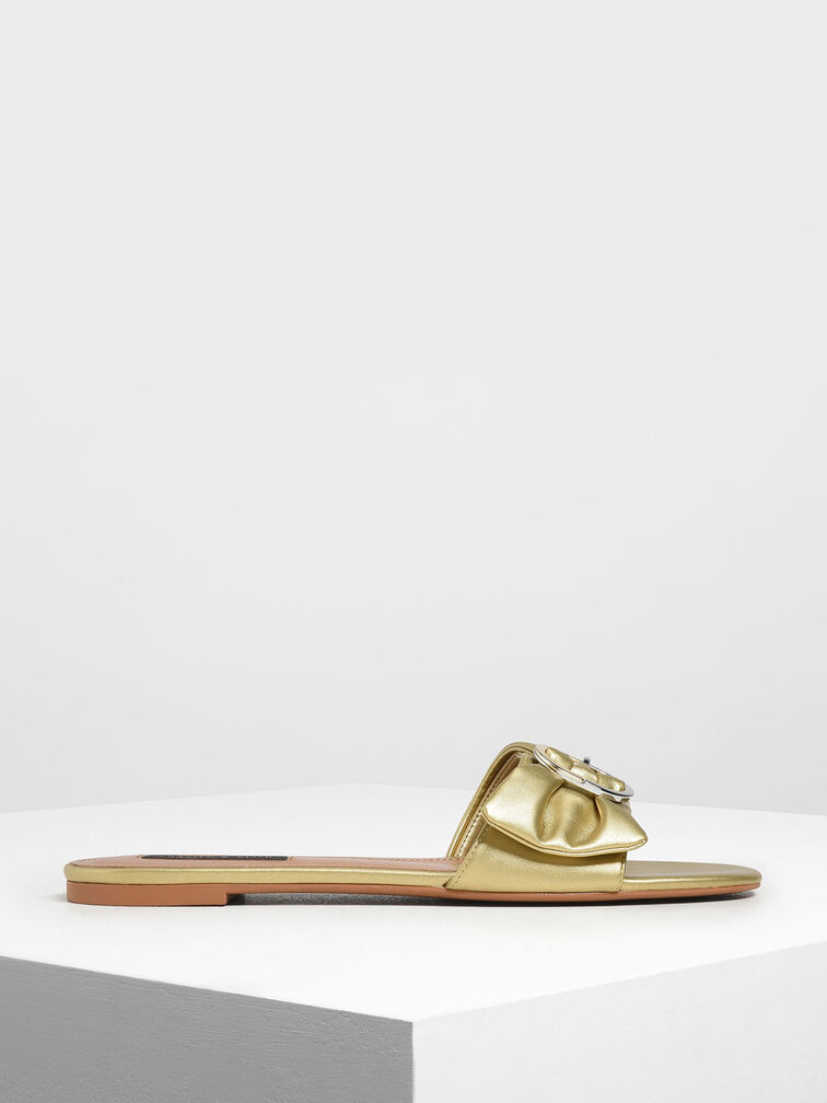 Ruched Two-Tone Buckle Slide Sandals, Gold, hi-res