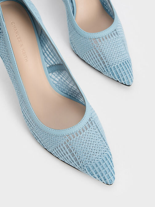 Zapatos tejidos de tacón con malla y punta estrecha, Azul, hi-res