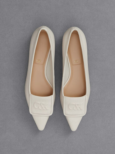 Leather Pointed-Toe Flats, White, hi-res