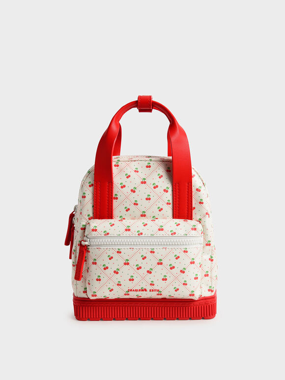 Girls' Cherry-Print Double Top Handle Backpack, Red, hi-res