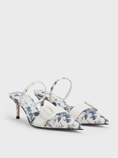 Oval-Buckle Floral-Print Pointed-Toe Mules, Dark Blue, hi-res