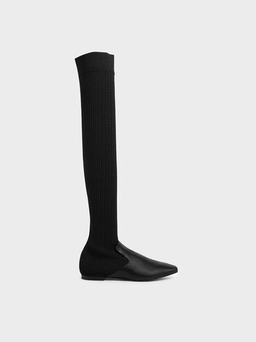 Knitted Thigh High Boots, Black, hi-res