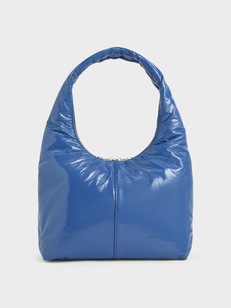 Wrinkled-Effect Large Hobo Bag, Blue, hi-res