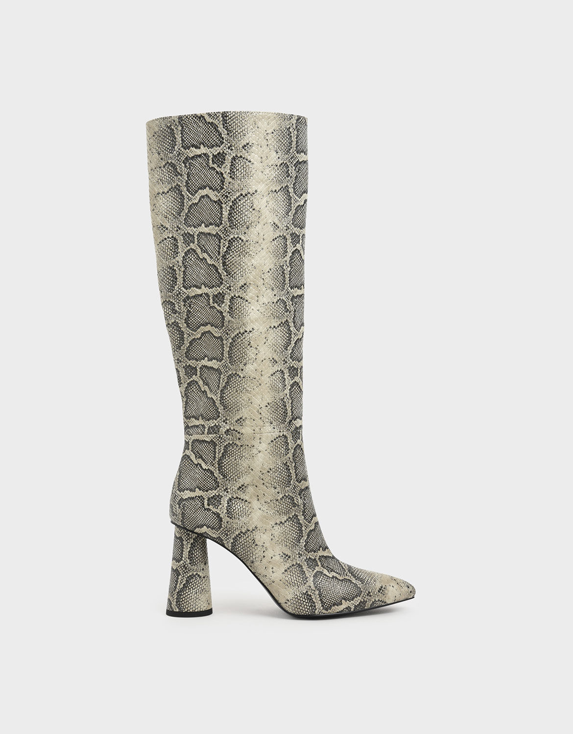 Grey Snake Print Knee High Heeled Boots 