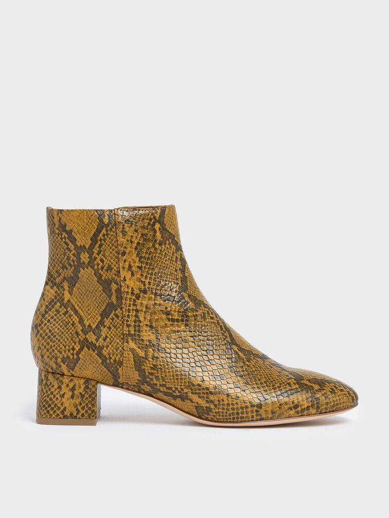 Snake Print Block Heel Ankle Boots, Yellow, hi-res