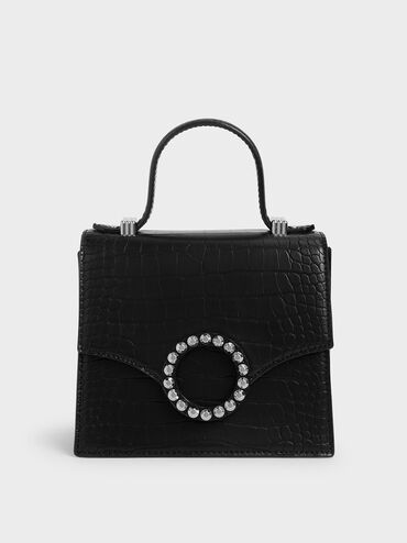 Croc-Effect Embellished-Buckle Bag, Black, hi-res