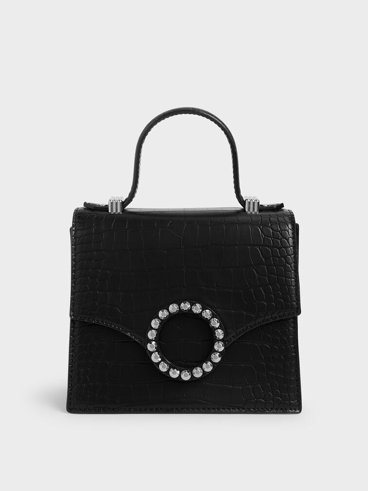 Croc-Effect Embellished-Buckle Bag, Black, hi-res