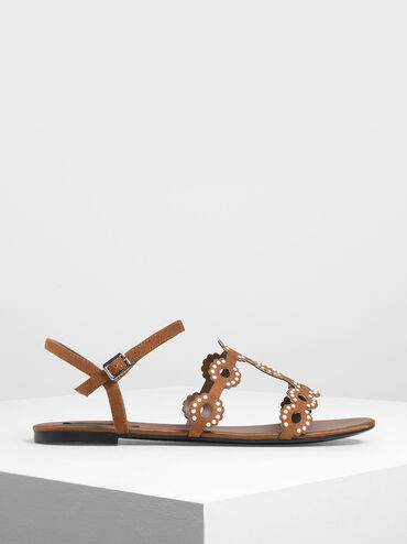 Cut-Out Embellished Sandals, Camel, hi-res