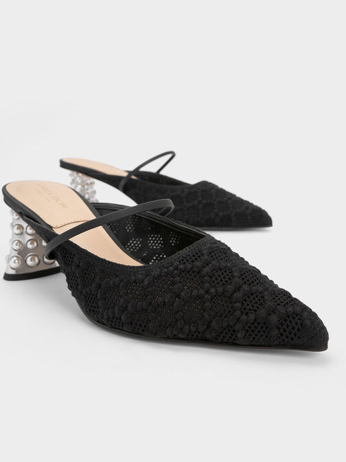 Crochet & Leather Beaded Heel Mules, Black, hi-res