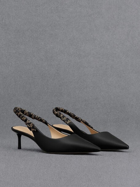 Zapatos de tacón destalonados de cuero con correa efecto arrugado, Negro, hi-res