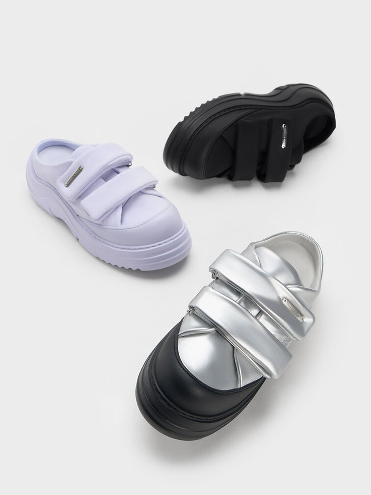 Zapatillas slip-on acolchadas de nylon con doble correa, Negro texturizado, hi-res