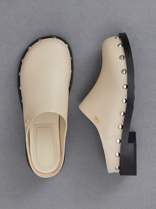 Leather Studded Clogs, Chalk, hi-res