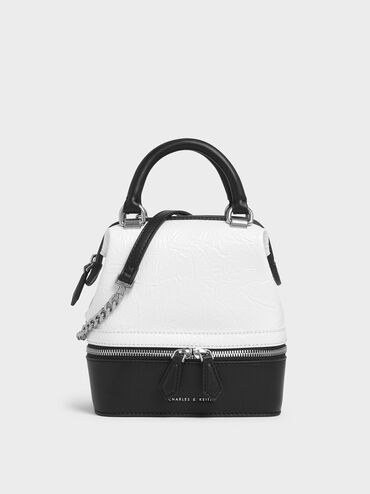 Wrinkled Effect Two-Way Zip Boxy Bag, White, hi-res
