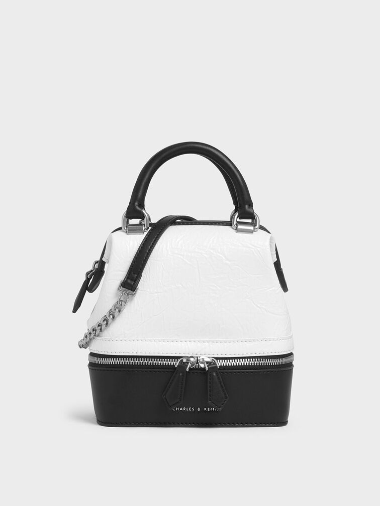 Wrinkled Effect Two-Way Zip Boxy Bag, White, hi-res
