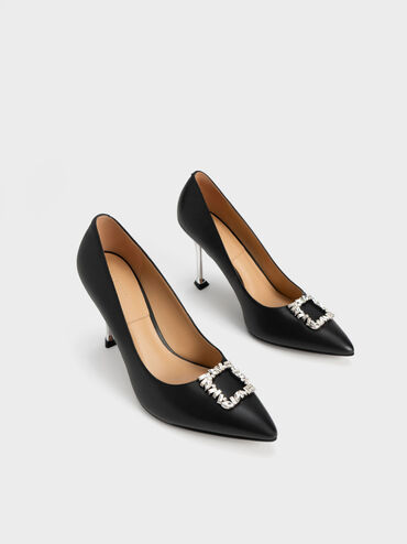 Zapatos de tacón de cuero adornados con gemas, Negro, hi-res