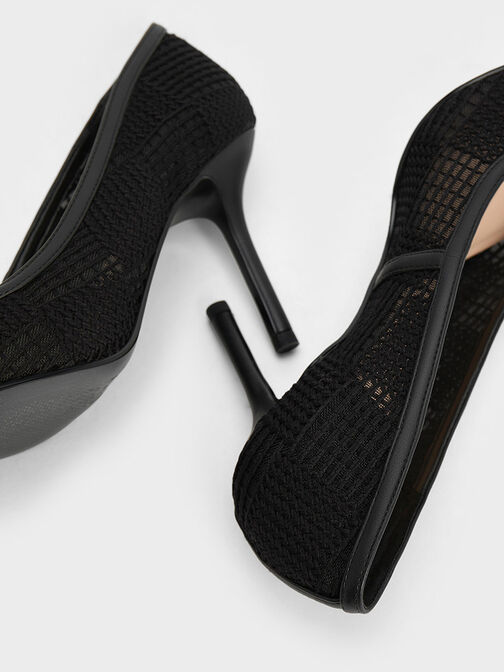 Zapatos tejidos de tacón con malla y punta estrecha, Negro texturizado, hi-res