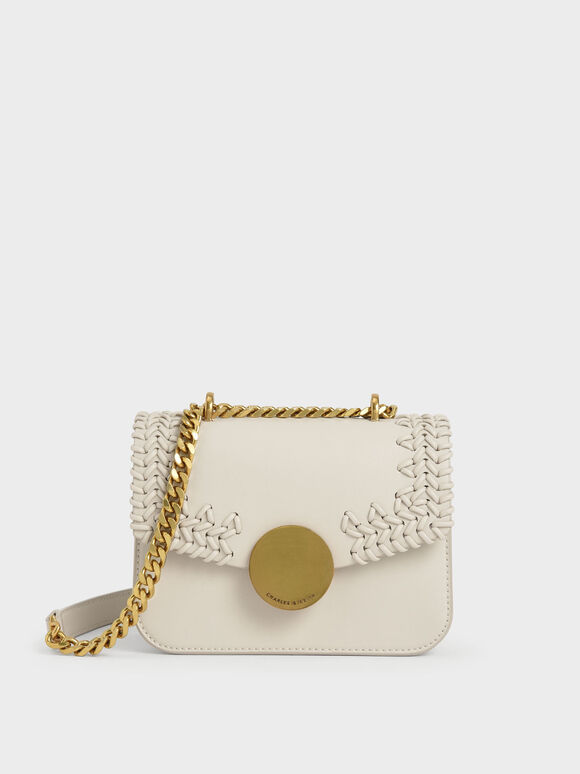 Woven Double Chain Handle Bag, Ivory, hi-res