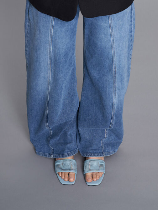 Mesh Knitted Slide Sandals, Blue, hi-res