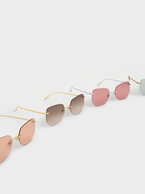 Rimless Geometric Sunglasses, Brown, hi-res