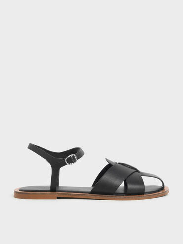 Peep Toe Flat Sandals, Black, hi-res