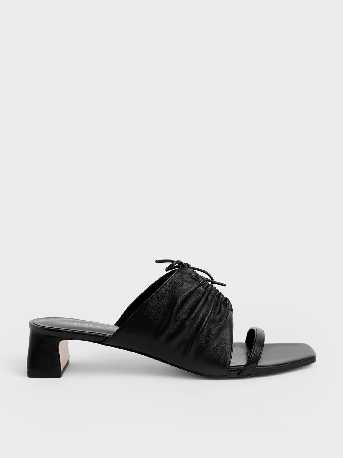 Bow-Tie Ruched Heeled Mules, Black, hi-res