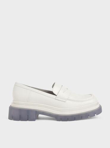 Chunky Sole Penny Loafers, White, hi-res